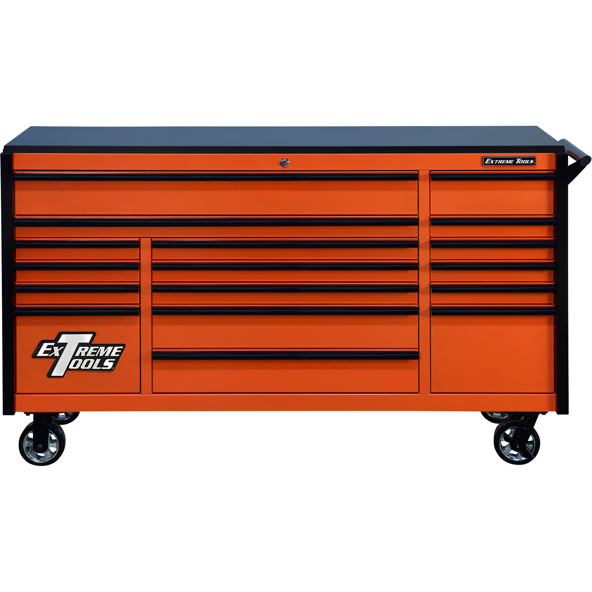 Extreme Tools DX Series 72Inch 17-Drawer Triple Bank Roller Cabinet â 72Inch W x 21Inch D x 42.7Inch H, Orange/Black, Model DX722117RCORBK