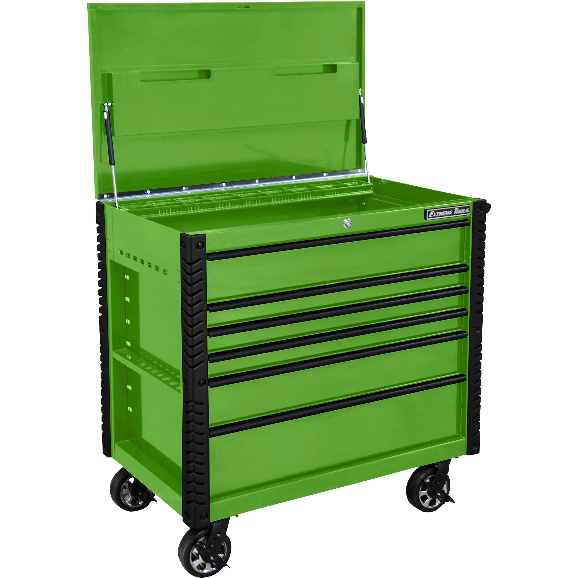 Extreme Tools EX Professional Series 41Inch 6 Drawer Flip Top Tool Cart — 41.75Inch W x 25.75Inch D x 43Inch H, Green with Black Drawer Pulls, Model -  EX4106TCGNBK