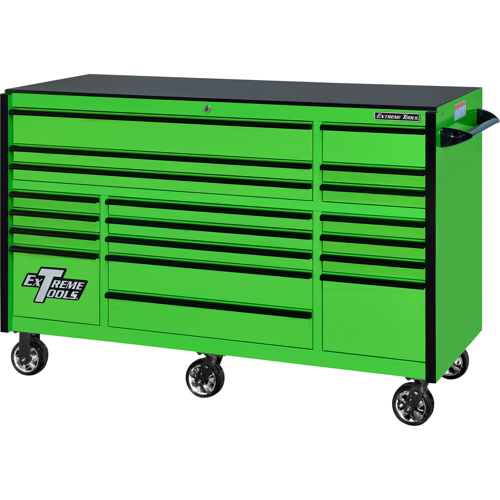 Extreme Tools RX Series 72Inch L x 30Inch W 19 Drawer Tool Roller Cabinet â Green with Black Drawer Pulls, 72Inch W x 30Inch D x 47Inch H, Model