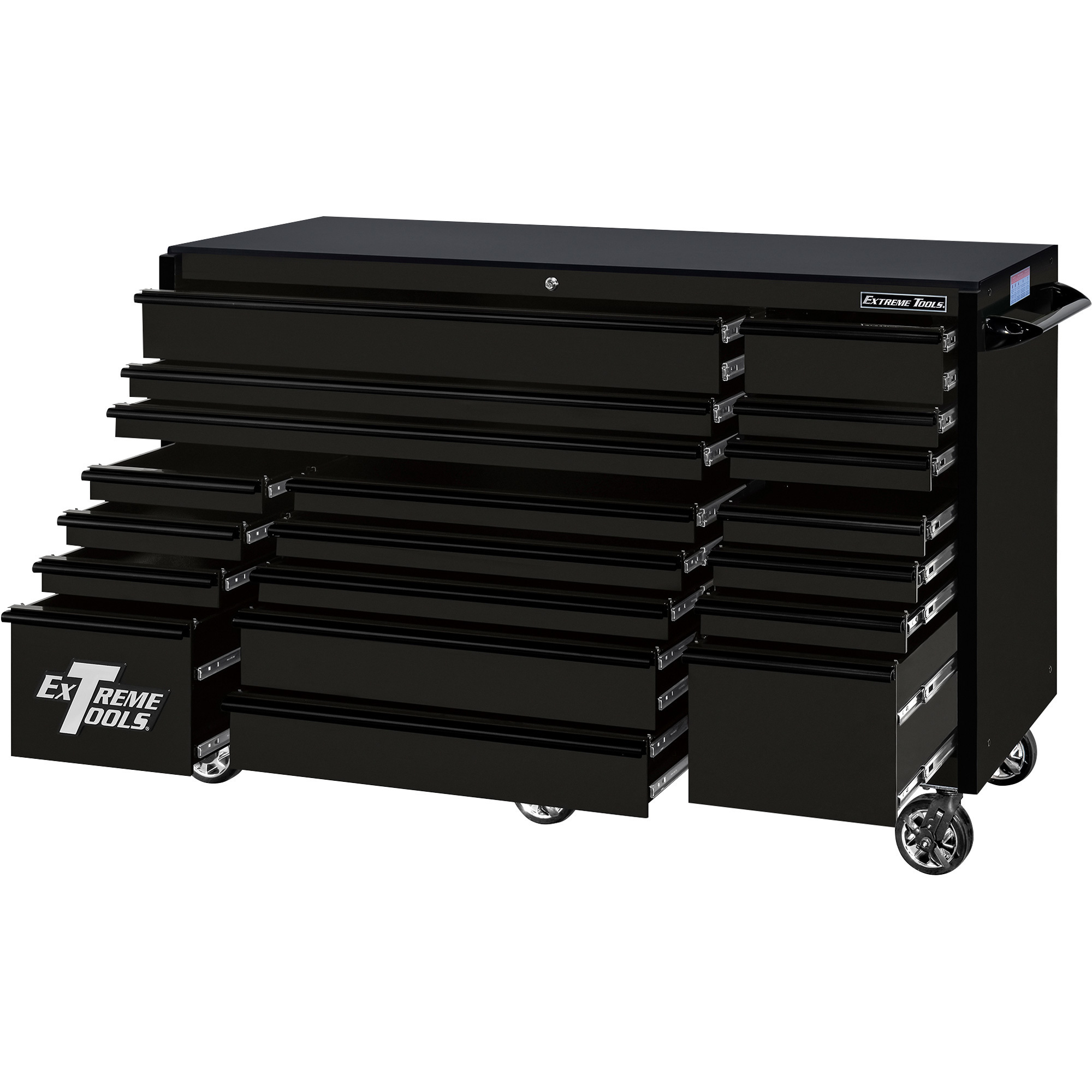 Extreme Tools RX Series 72Inch L x 30Inch W 19 Drawer Tool Roller Cabinet — Matte Black with Black Drawer Pulls, 72Inch W x 30Inch D x 47Inch H, Model -  RX723019RCMBBK-250