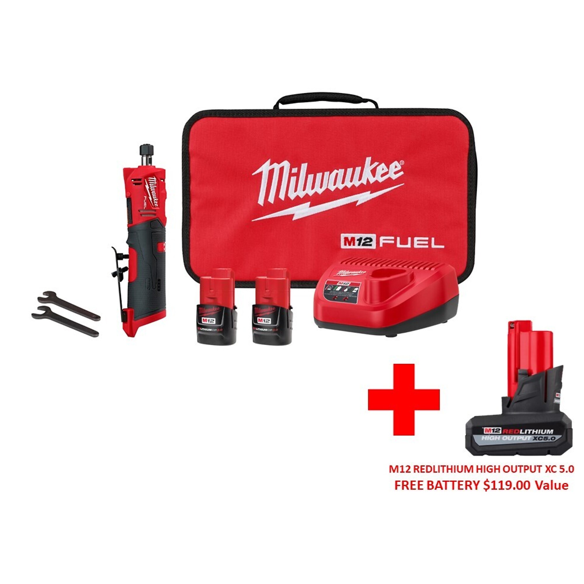 Milwaukee M12 FUEL Cordless 1/4Inch Straight Die Grinder Kit, 2 Batteries, Model 2486-22