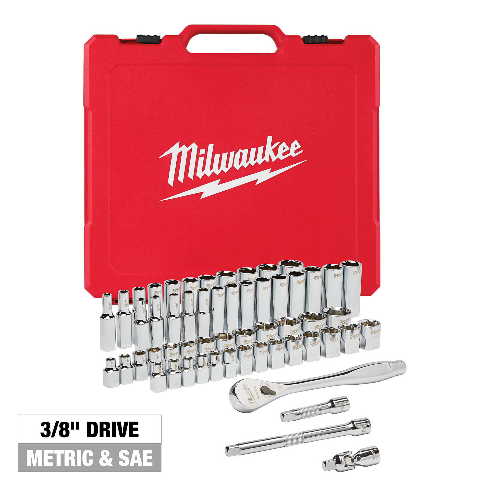 Milwaukee 3/8Inch-Drive Ratchet and Socket Set, 56-Piece, SAE and Metric, Model 48-22-9008