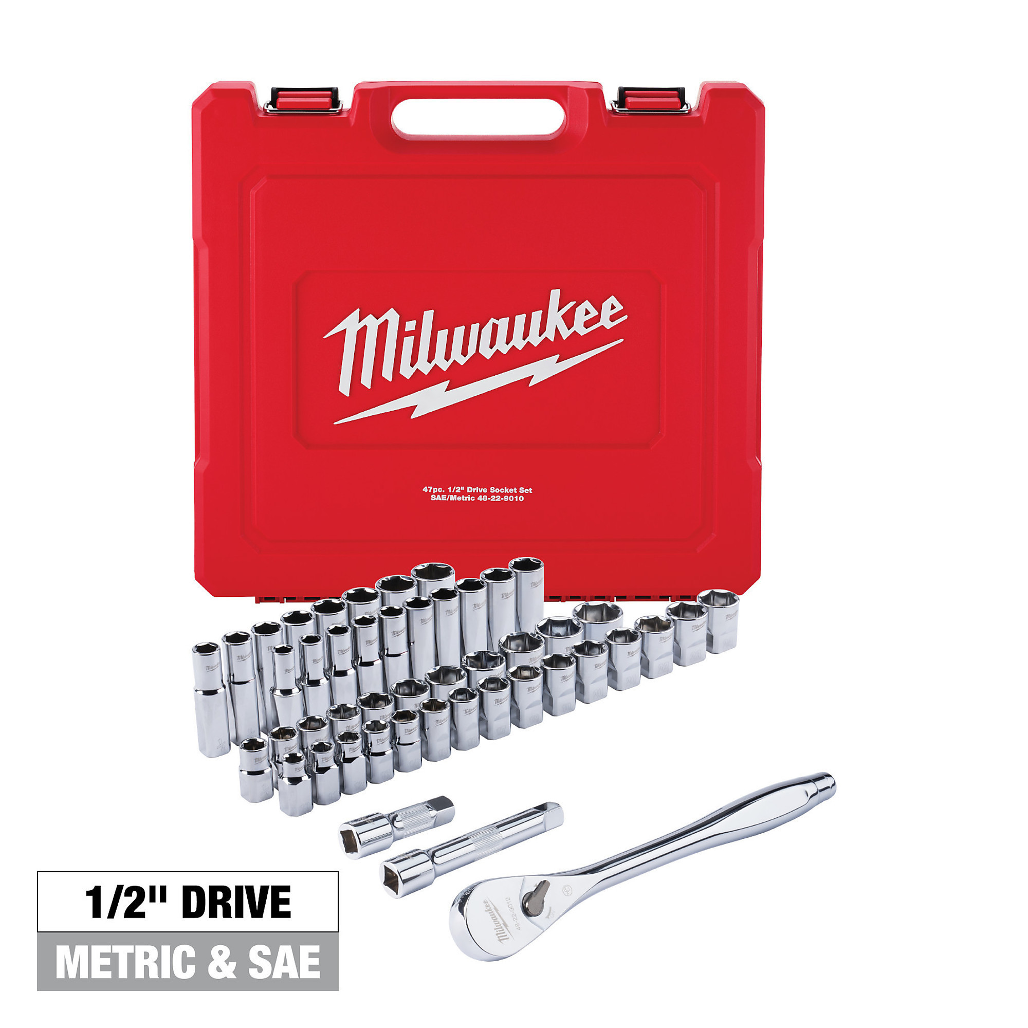 Milwaukee 1/2Inch-Drive Ratchet and Socket Set, 47-Piece, SAE and Metric, Model 48-22-9010