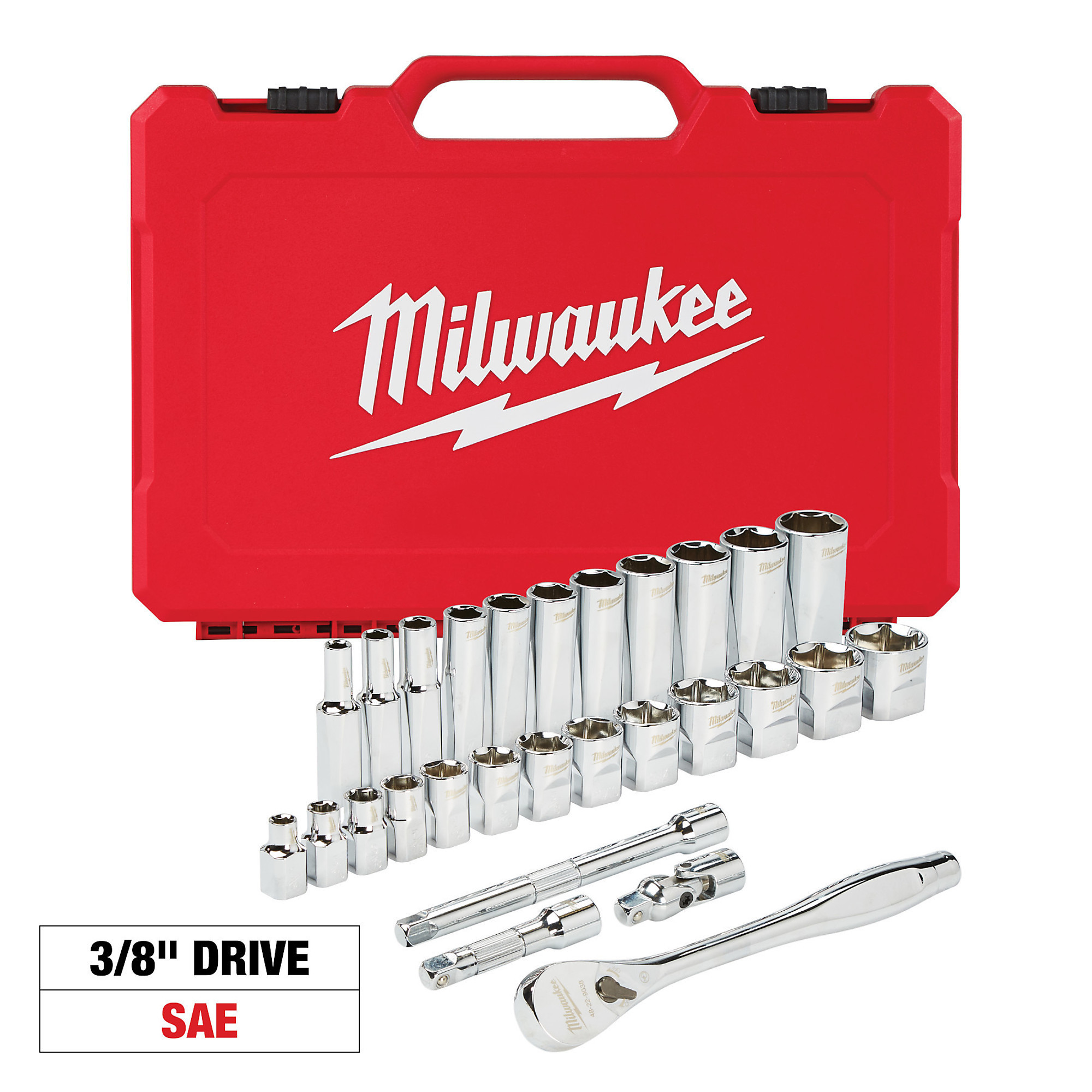 Milwaukee 3/8Inch-Drive Ratchet and Socket Set, 28-Piece, SAE, Model 48-22-9408