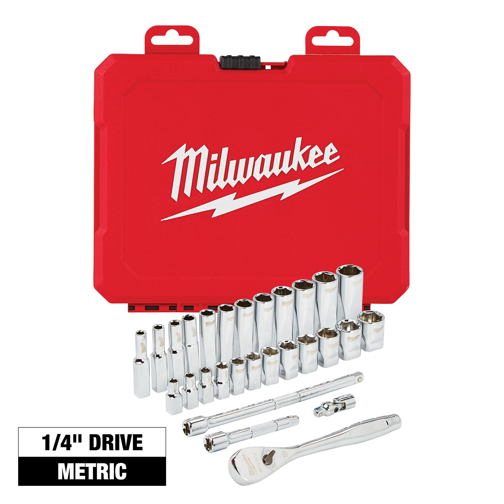 Milwaukee 1/4Inch Drive Ratchet and Socket Set, 28-Piece, Metric, Model 48-22-9504