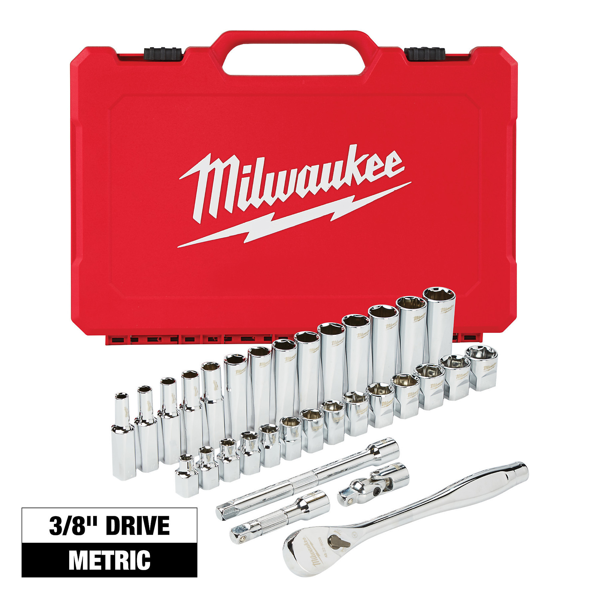 Milwaukee 3/8Inch-Drive Ratchet and Socket Set, 32-Piece, Metric, Model 48-22-9508