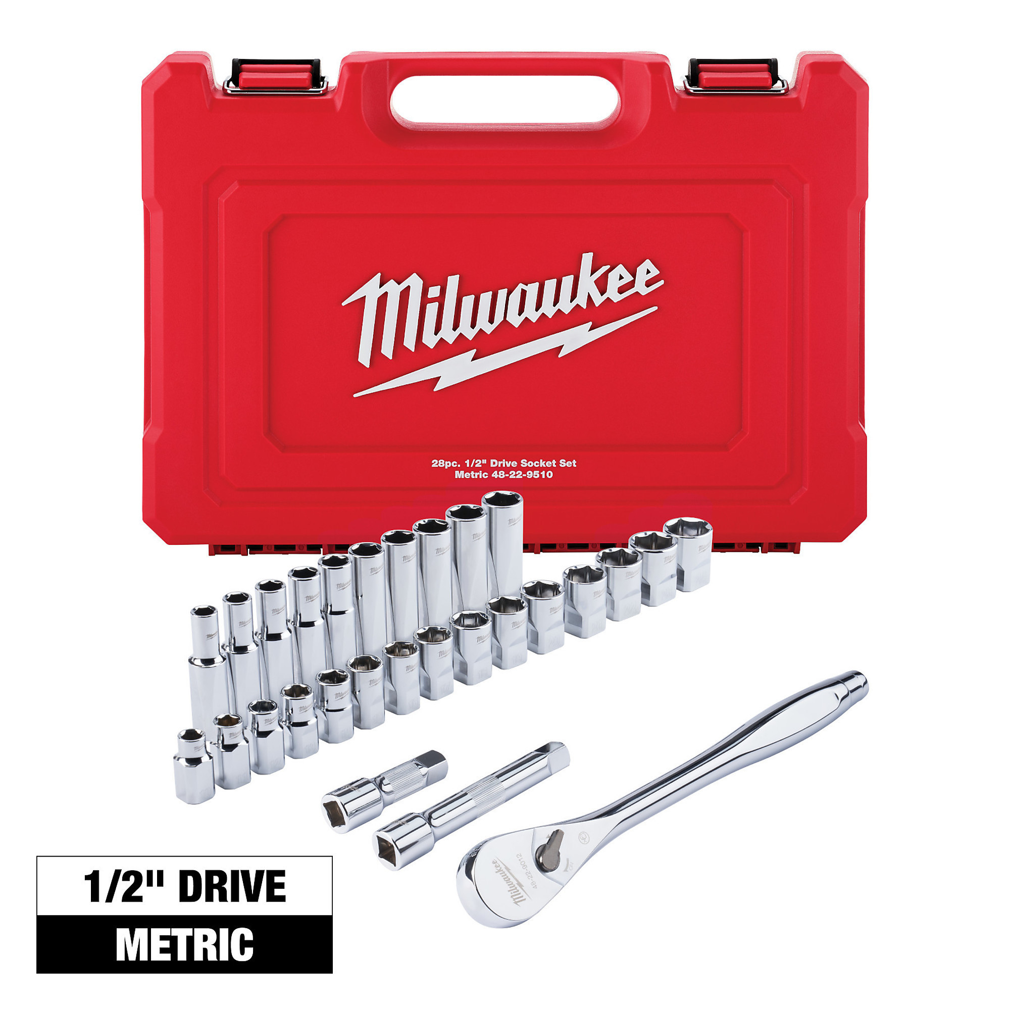 Milwaukee 1/2Inch Drive Ratchet and Socket Set, 28-Piece, Metric, Model 48-22-9510