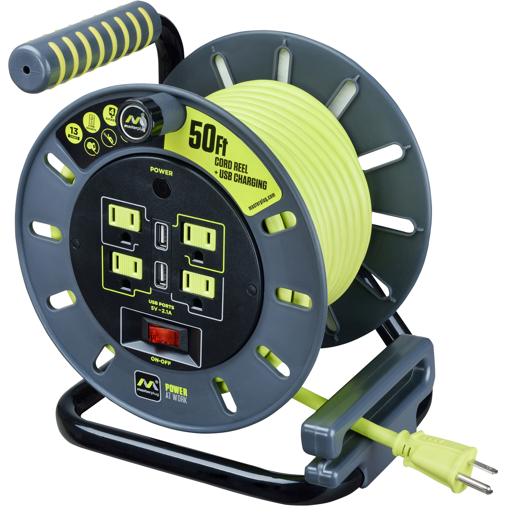 Masterplug Extension Cord Reel with USB Ports, 50ft.L, 14 Ga., Model OMA501314G4SLU-US