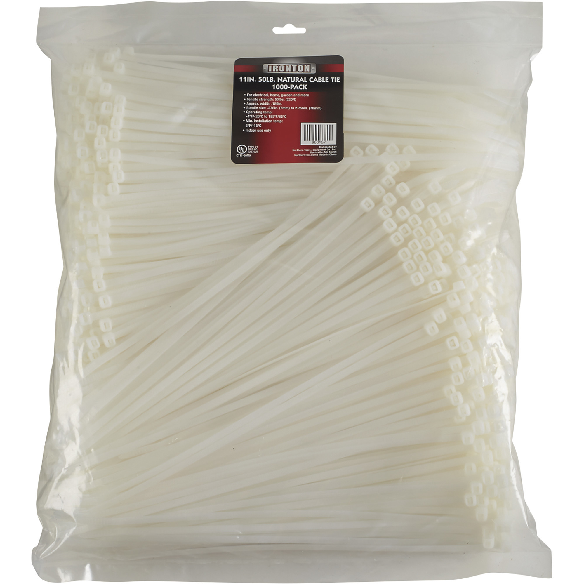 Ironton Multi-Pack of Cable Zip Ties â 1000-Pack, 11Inch L x .189Inch W, 50-Lb. Tensile Strength, Natural Color