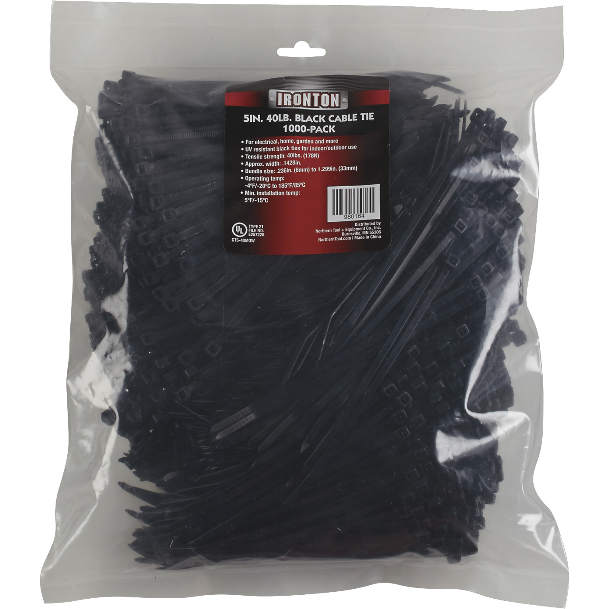 Ironton Multi-Pack of Cable Zip Ties â 1,000-Pack, 5Inch L x .142Inch W, 40-Lb. Tensile Strength, Black