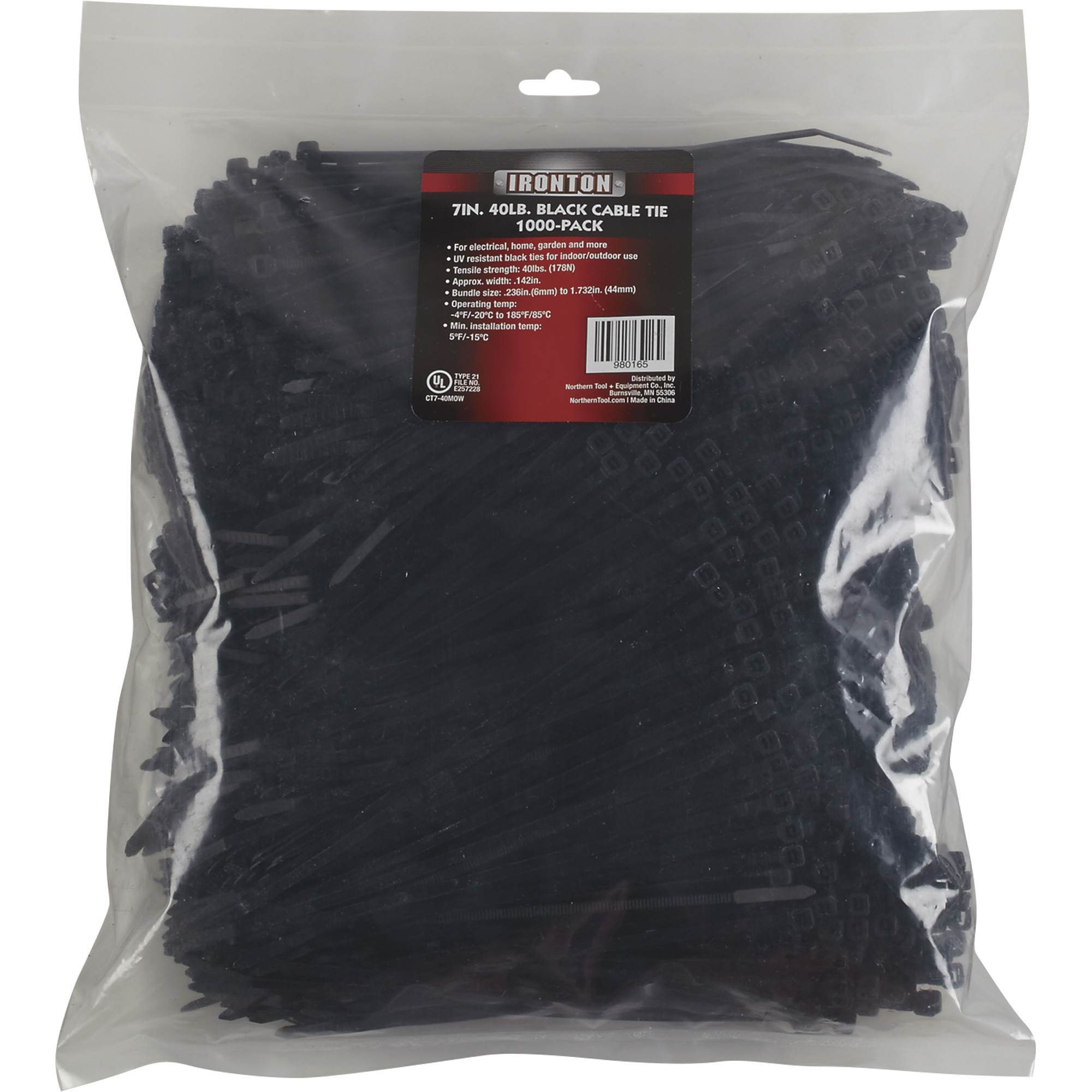 Ironton Multi-Pack of Cable Zip Ties â 1,000-Pack, 7Inch L x .142Inch W, 40-Lb. Tensile Strength, Black