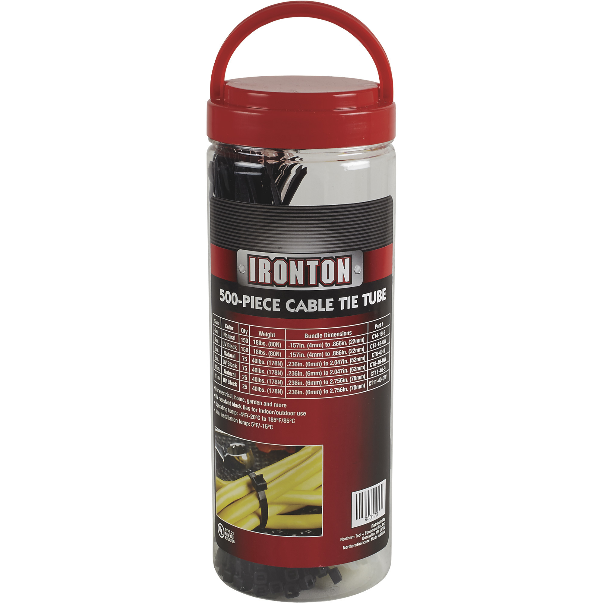 Ironton Multi-Pack Tube of Cable Zip Ties â 500-Pcs., Assorted Sizes/Colors