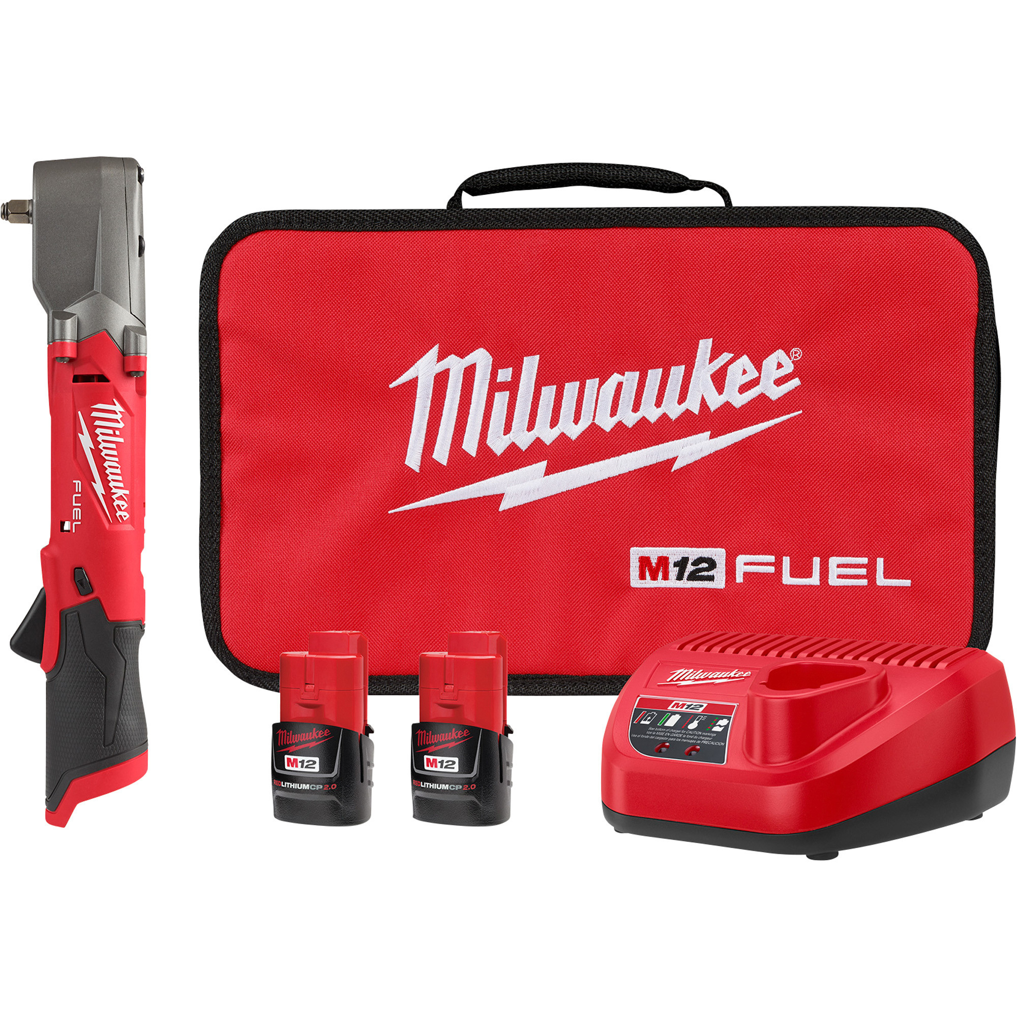 Milwaukee M12 FUEL Cordless Right Angle Impact Wrench with Friction Ring Kit, 3/8Inch Drive, 220 Ft./Lbs. Torque, 2 Batteries, Model 2564-22