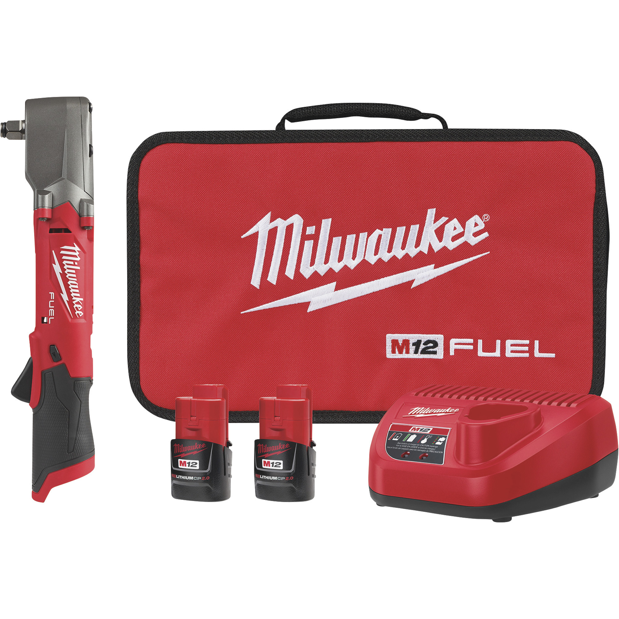 Milwaukee M12 FUEL Right Angle 1/2in. Impact Wrench with Friction Ring Kit, 220 Ft./Lbs. Torque, 2 Batteries, Model 2565-22