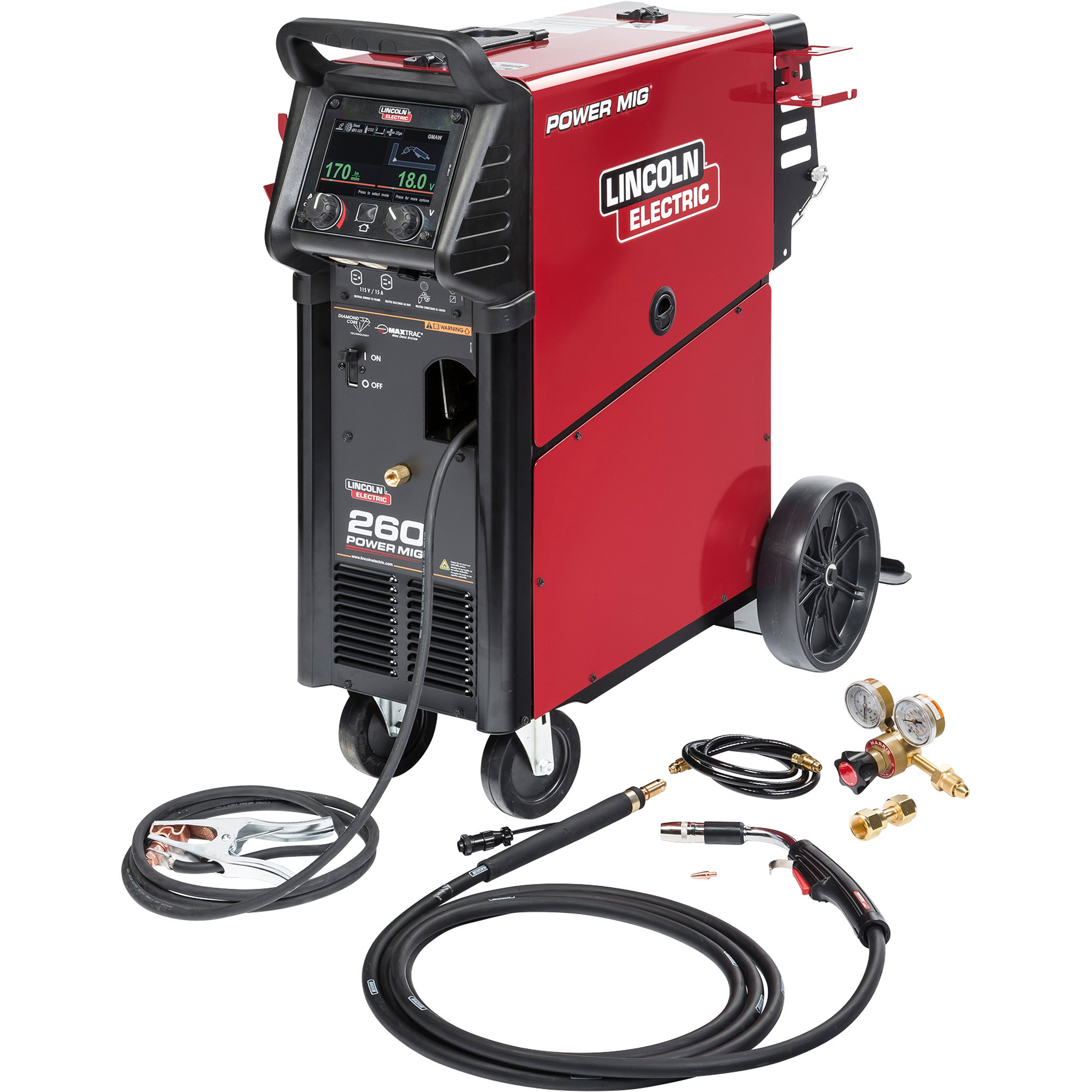 Lincoln Electric Power MIG 260 Flux-Core/MIG Welder with Cart, 208/230/460/575V, 30-300 Amp Output, Model K3520-1