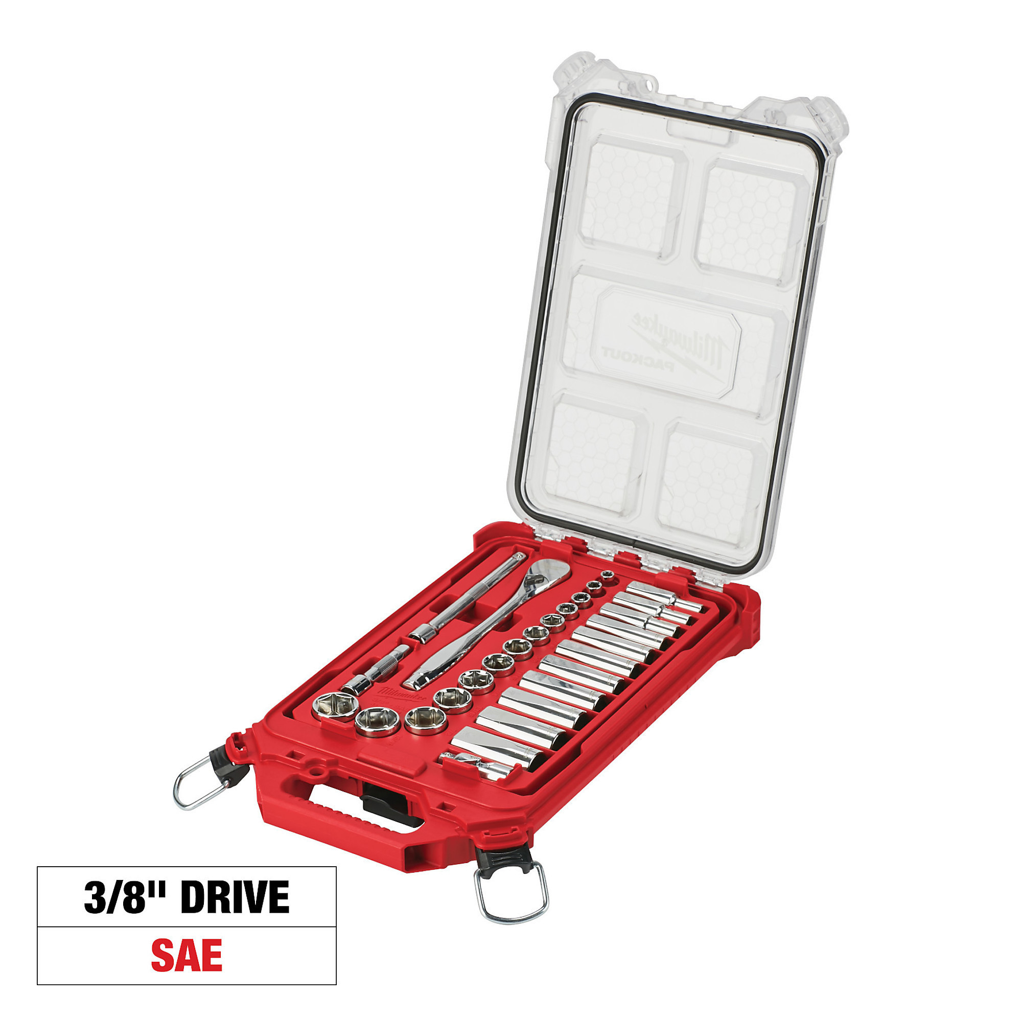 Milwaukee Combo Kit, 28-Piece 3/8Inch Drive Ratchet and SAE Socket Set and Packout Organizer, Model 48-22-9481