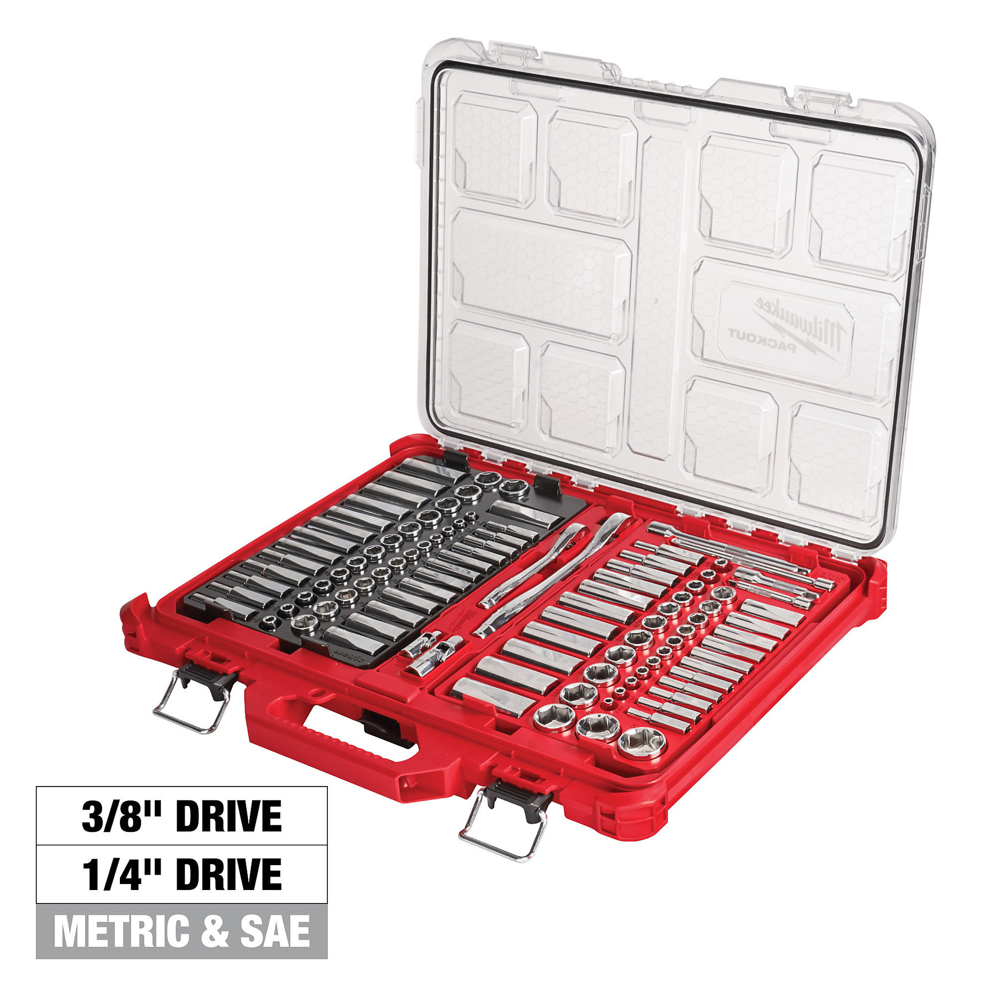 Milwaukee 106-Piece Combo Kit, 56-Piece 3/8Inch-Drive Ratchet and Socket Set, 50-Piece 1/4Inch-Drive Ratchet and Socket Set, and Packout Organizer,