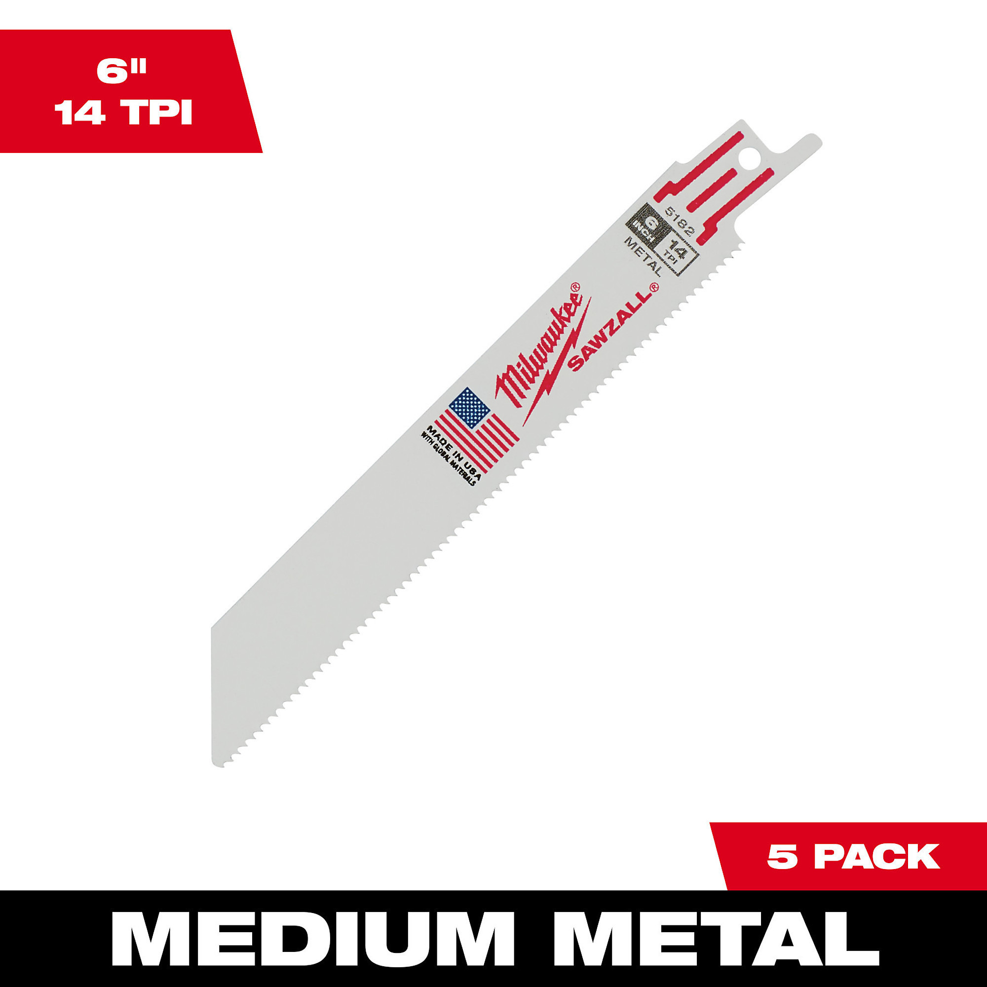 Milwaukee Thin Kerf Metal-Cutting Sawzall Blades, 5-Pack, 6Inch L, 14 TPI, Model 48-00-5182