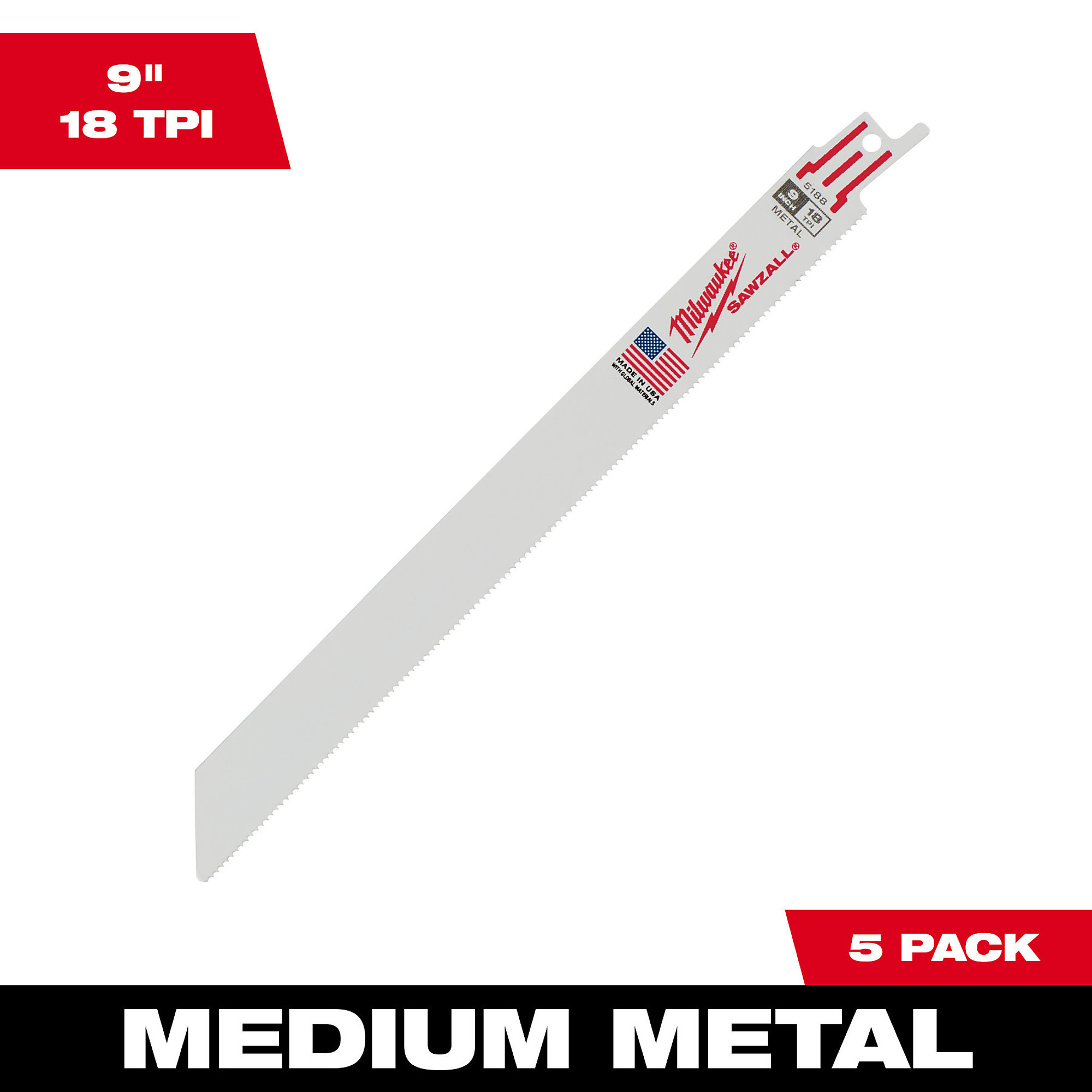 Milwaukee Thin Kerf Metal-Cutting Sawzall Blades, 5-Pack, 9Inch L., 18 TPI, Model 48-00-5188